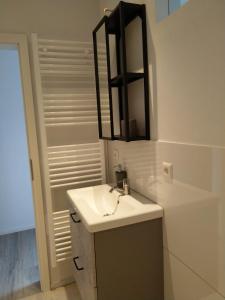 uma casa de banho com um lavatório e um espelho em Claar Ferienwohnung Lindau Bodensee em Lindau