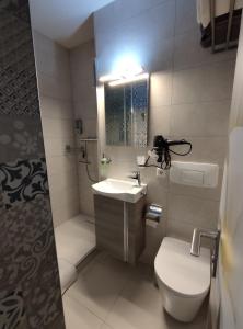 une salle de bains avec toilettes, lavabo et miroir dans l'établissement Studio 20qm mit Balkon und Innenpool - 22010, à Schluchsee