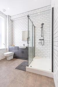 a bathroom with a shower and a toilet and a sink at Banc Apartment 1 in Porthmadog