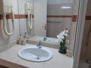 Un baño con lavabo, espejo y flores. en Bonheur à la résidence Savane, en Le Gosier 26 fotos más
