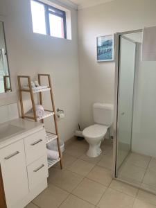 a bathroom with a toilet and a glass shower at Ploughmans Motor Inn in Horsham