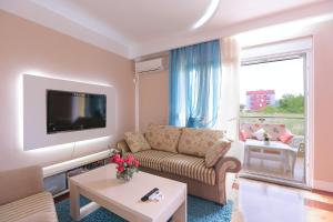 ein Wohnzimmer mit einem Sofa und einem TV in der Unterkunft Apartments Aleksandra in Podgorica