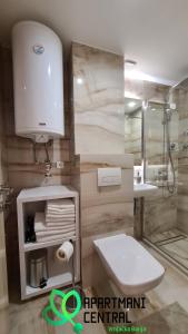 een badkamer met een toilet, een wastafel en een douche bij Apartmani Central 4 & Free parking in Vrnjačka Banja