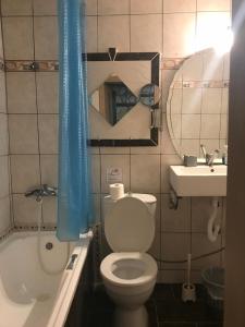 uma casa de banho com um WC, um lavatório e um espelho. em Bochtis Acrogiali em Ammoudia