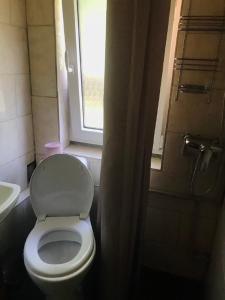 a bathroom with a white toilet and a window at Підскельний in Yaremche
