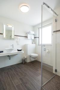 ein Bad mit einem WC, einem Waschbecken und einer Dusche in der Unterkunft Landhotel Kristall in Bad Marienberg
