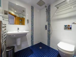 a bathroom with a toilet and a sink and a shower at Wayside Cottage 1637 in Millom
