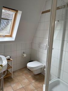 e bagno con servizi igienici, doccia e lavandino. di FEWO Schlossberg Weingut C.A. Haussmann a Traben-Trarbach
