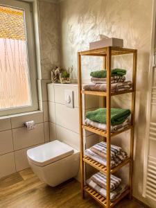 een badkamer met een toilet en een plank met handdoeken bij Am Mathildenbrunnen groß in Quedlinburg