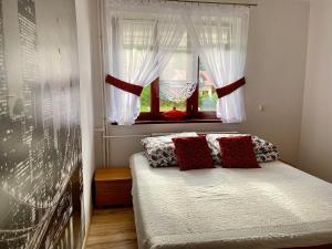 a bedroom with a bed with red pillows and a window at Noclegi u Marii - Koninki in Poręba Wielka