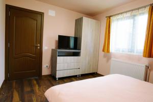a bedroom with a bed and a flat screen tv at House of Forest in Zărneşti