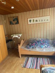 a bedroom with a bed and a striped wall at Haus Zauberwald in Reichenbach