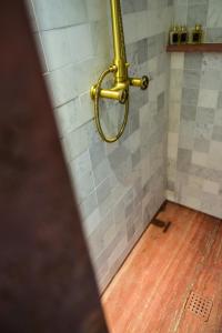 a bathroom with a shower with a yellow handle at B&B The Verhaegen in Ghent
