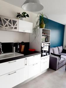 uma cozinha com armários brancos e um sofá em DÉTENTE GARANTIE em Clermont-Ferrand
