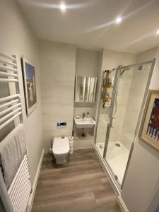 uma casa de banho com um chuveiro, um WC e um lavatório. em Stylish Apartment with Terrace em Uxbridge