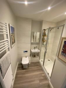 La salle de bains est pourvue d'une douche, de toilettes et d'un lavabo. dans l'établissement Stylish Apartment with Terrace, à Uxbridge