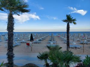 eine Reihe von Stühlen und Palmen am Strand in der Unterkunft Hotel Piccadilly in Lido di Jesolo