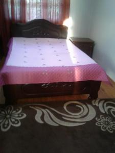 een slaapkamer met een bed met een roze en witte sprei bij House Anna in Gonio