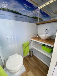 bagno con servizi igienici e lavandino di WOHLFÜHLBOOT Hausboot - Festlieger im Hafen Bad Saarow - WC an Bord, Dusche an Land a Bad Saarow