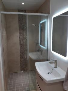 a bathroom with a sink and a shower with a mirror at Casper B&B in Haapsalu