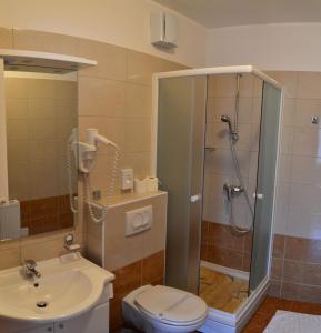 uma casa de banho com um chuveiro, um WC e um lavatório. em Rooms Funda Lepoglava em Ivanec