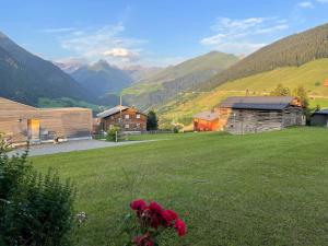 ein grünes Feld mit Häusern und Bergen im Hintergrund in der Unterkunft Ferienwohnung CASA URSIN Val Lumnezia in Lumbrein