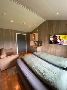 MeistervikFinnvikhaugen Rooms的一间卧室，墙上有一张床和一台电视