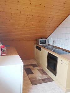 eine Küche mit einer Spüle und einer Mikrowelle in der Unterkunft FeWo Royal & Goodness Home in Mühlhausen