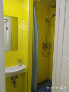 ein gelbes Badezimmer mit einem Waschbecken und einer Dusche in der Unterkunft Студія з сучасним ремонтом in Kiew