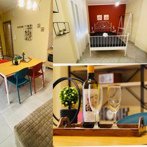 a collage of photos with a bottle of wine and glasses at The Romantic Traveller I in Kavála
