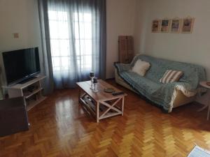 salon z kanapą i telewizorem w obiekcie Meteoron Guesthouse w Kalambace