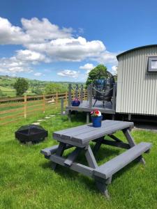 a picnic table in the grass next to a building at The Shepherd s Hut at Hafoty Boeth in Corwen