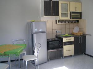 a small kitchen with a refrigerator and a table and chairs at Apartments Jeremic in Bela Crkva