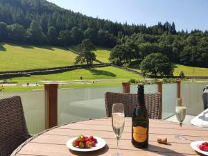 a bottle of wine and a plate of fruit on a table at Llyn Brenig Lodge in Betws-y-coed
