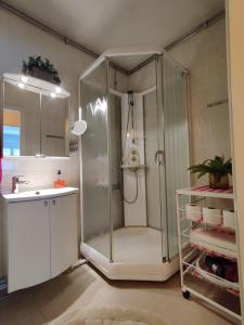 a white bathroom with a shower and a sink at Metsä Fibren biotehtaan lähellä (1,5km) 6 hlö:lle in Kemi