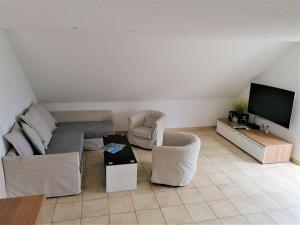a living room with a couch and a tv at Seeblick Imperia in Konstanz