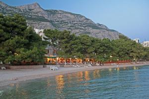 a view of a beach with a mountain in the background at Beach Apartments Ankora in Makarska