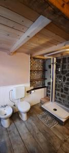 een badkamer met 2 toiletten, een wastafel en een douche bij la corte dei cerri in Spervara