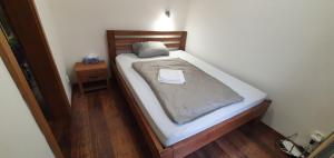 małe łóżko w sypialni z drewnianym zagłówkiem w obiekcie Apartmán 63m2 s balkonem v lázeňském centru w Karlowych Warach