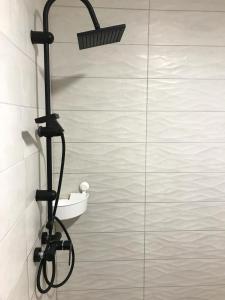 a shower with a shower head in a bathroom at Majorka in Tiszafüred