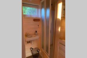 a small bathroom with a sink and a shower at Irenes Tinyhouse in Markt Nordheim +33 photos