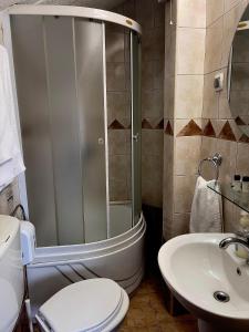 een badkamer met een douche, een toilet en een wastafel bij Hotel Ilinden in Strumica