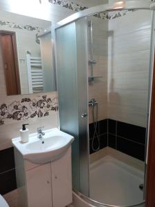 a bathroom with a sink and a shower at Ośrodek Agroturystyka "u Chlipały" in Ochotnica Górna