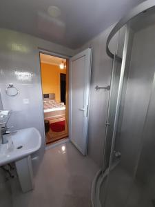 a bathroom with a shower and a sink at Kemeni Gardens in Batumi