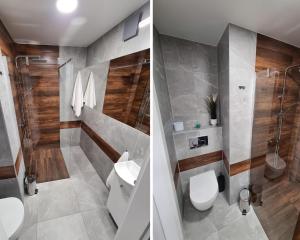 two pictures of a bathroom with a toilet and a shower at Apartamenty River in Wisła