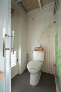 a bathroom with a toilet with a pink and green wall at 朵麗絲森林 in Meishan