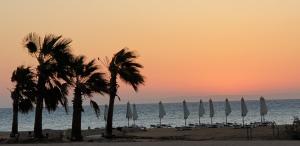 un grupo de sombrillas en una playa con el océano en luxury apartment at Mangroovy El Gouna, en Hurghada