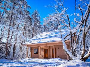 een huis bedekt met sneeuw in het bos bij BAAN HAKUBA in Hakuba