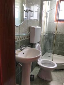 y baño con lavabo, aseo y ducha. en Rooms Ajllin, en Ulcinj