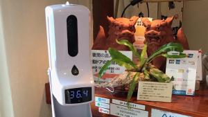 um despertador sentado numa mesa ao lado de uma planta em 民宿さざんか em Okinawa